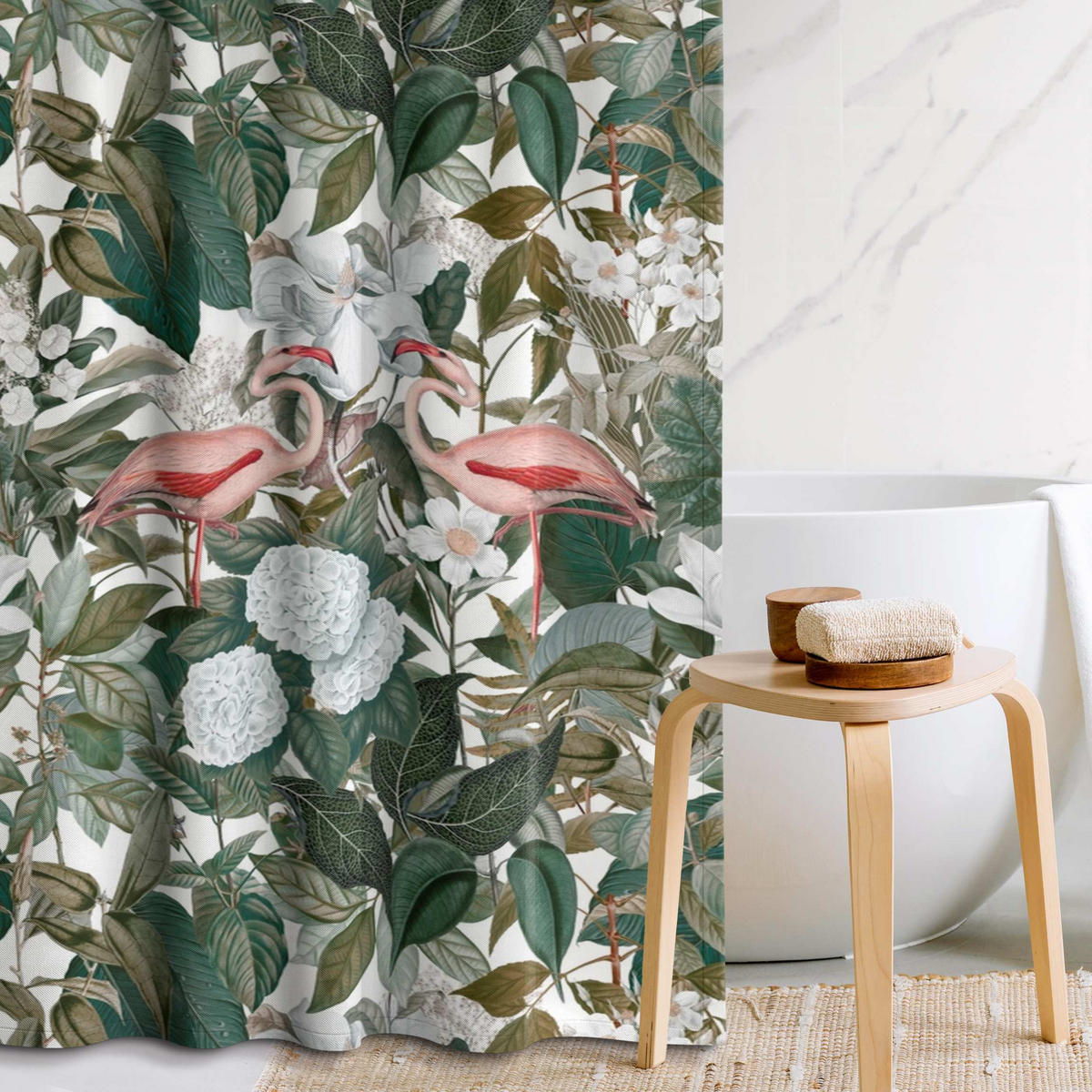 DUSCHVORHANG Rosa Flamingos mit Blättern und weißen Blumen 200/180 cm - Grün, Textil (200/180cm) - Bilderwelten