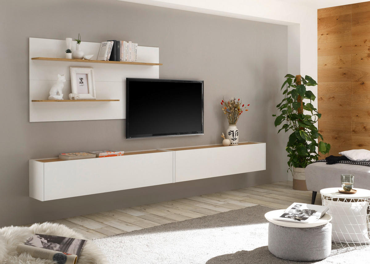 WOHNWAND 3-teilig Center in weiß und Eiche Wotan 300 cm - Eiche Wotan/Weiß, Holz/Holzwerkstoff (300/180/30cm) - Furn.Design