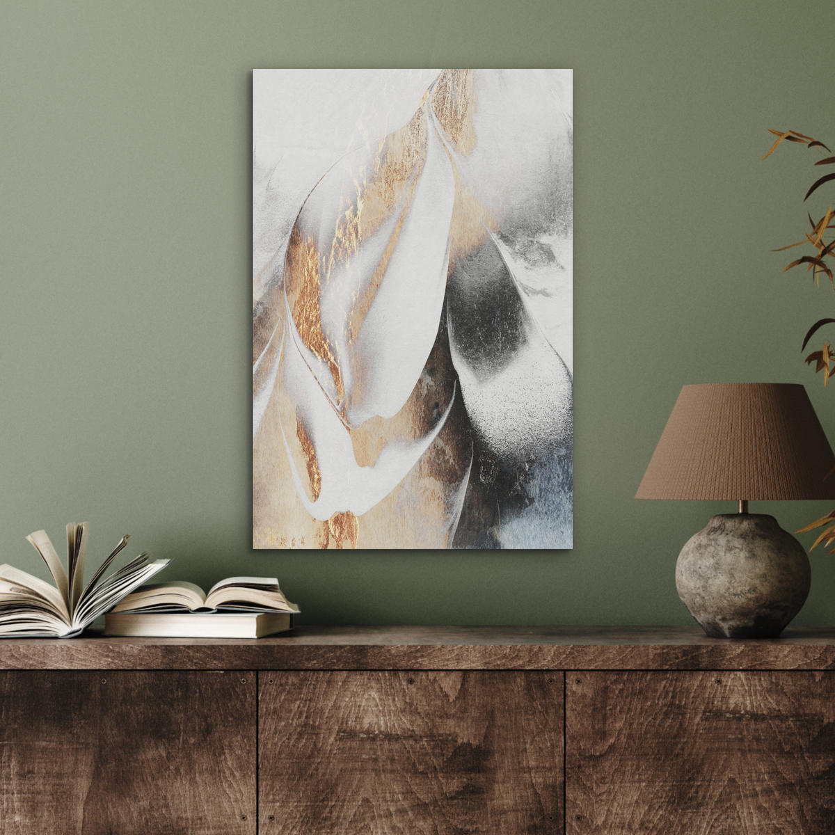AKUSTIKBILD Luxus - Abstrakt - Gold - Weiß Kunstdruck Schlafzimmer 50x70 cm - Goldfarben, Kunststoff (50/70/0.9cm) - MuchoWow
