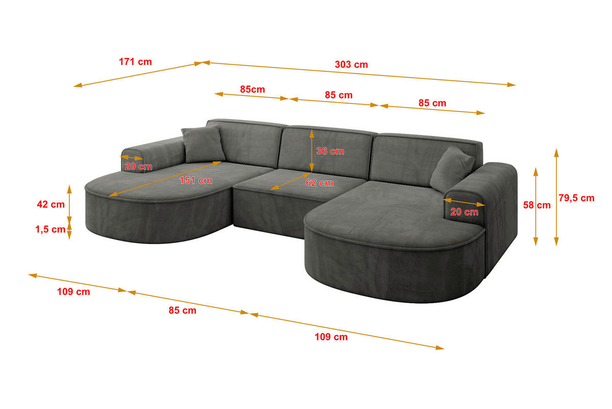 WOHNLANDSCHAFT MARI-U1 - 303x171x79 cm Dunkelgrau Velours - Dunkelgrau/Schwarz, Holzwerkstoff/Kunststoff (303/79/171cm) - ALTDECOR