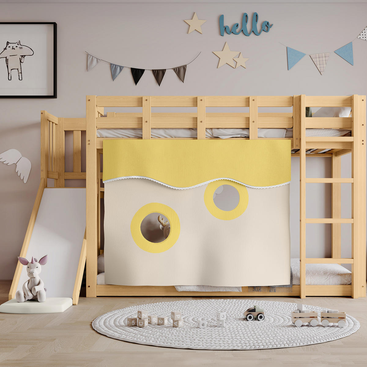 ETAGENBETT aus Kiefer und MDF 90x200 cm Natur mit Treppe, Rutsche, Bettvorhang und Fallschutz - Naturfarben, Holzwerkstoff (90/200cm) - Modfu