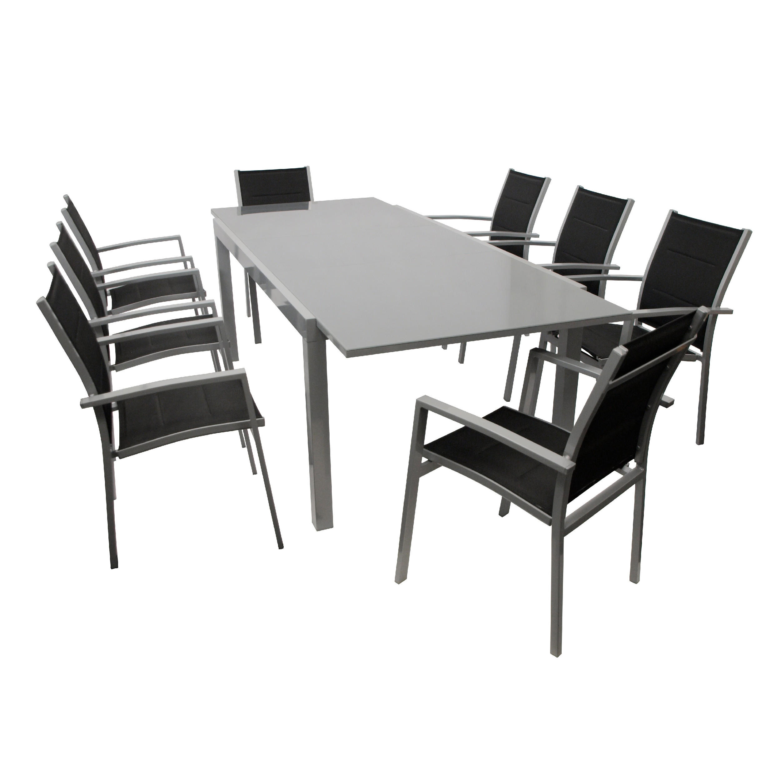 GARTEN-GARNITUR Ashford - 9-teilig Garten-Essgruppe (8x Stapelsessel mit Armlehnen, 1x Ausziehtisch 180/240x100cm), Gestell Aluminium - Schwarz, Metall - TPFGarden
