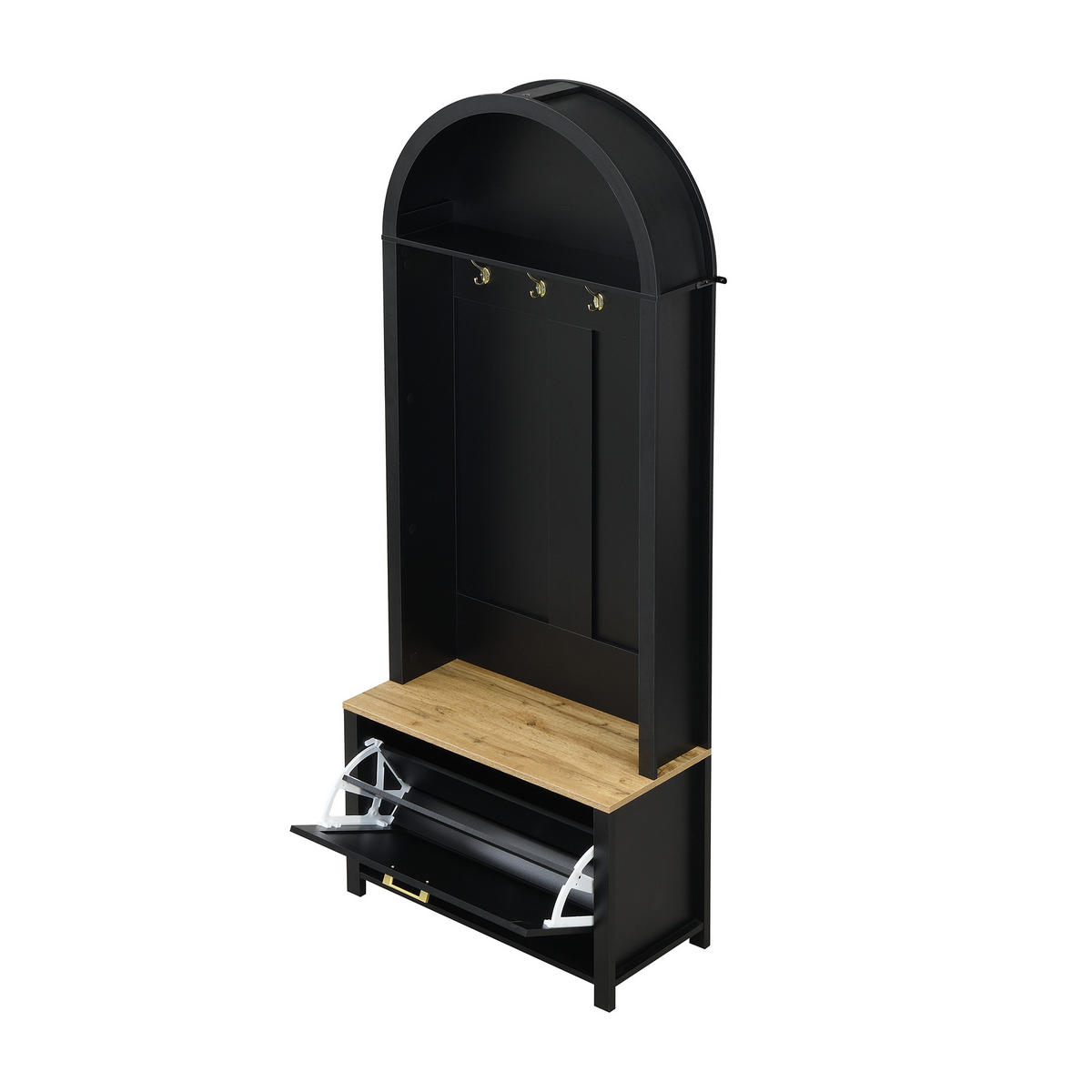 GARDEROBE MDF Flur mit Haken Ablage Schuhfach geschwungenes Design 195/75/35 cm - Schwarz/Naturfarben, Holzwerkstoff/Metall (75/195/35cm) - EVRYAE