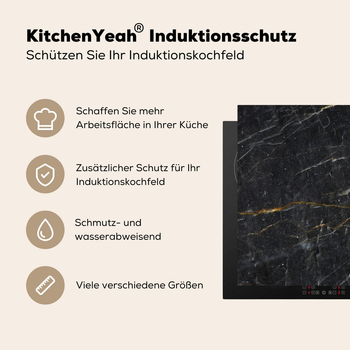 HERDABDECKPLATTE Marmor - Schwarz - Gold - Grau - Marmorstruktur 89x51 cm - Goldfarben, Kunststoff (89.6/0.2/51.6cm) - MuchoWow