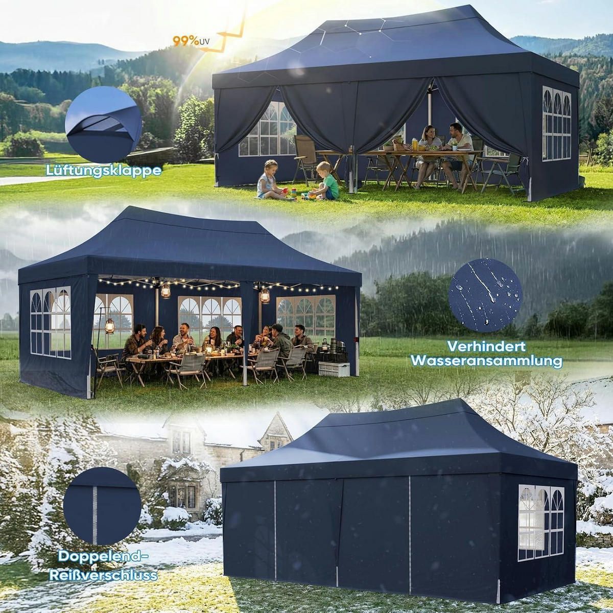 FALTPAVILLON 3x6m Blau mit Seitenwänden - Blau, Textil (585/310/293cm)