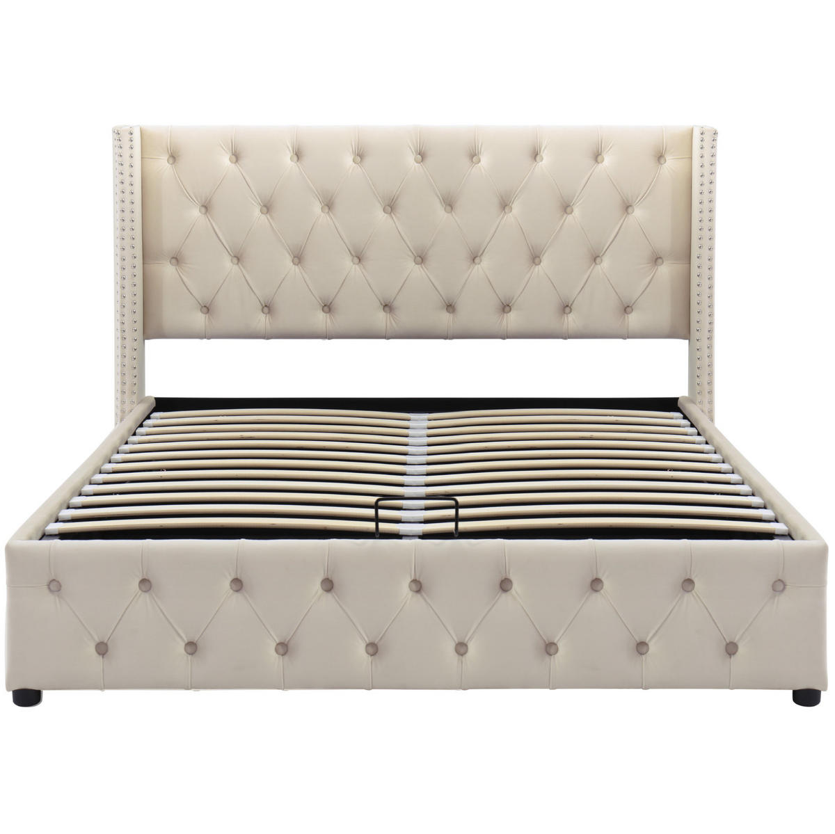 ČALÚNENÁ posteľ z velúru 140x190 cm béžová s hydraulickým úložným priestorom a prešívaným Chesterfield dizajnom - béžová, textil (140/190cm) - Modfu