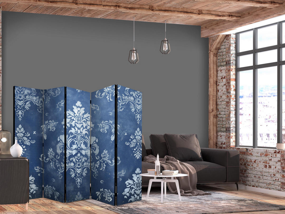 PARAVÁN Akustický 5-dielny 225x172 cm Glamour Ornamenty - modrá, drevo/textil (225/172/3cm) - Muralo