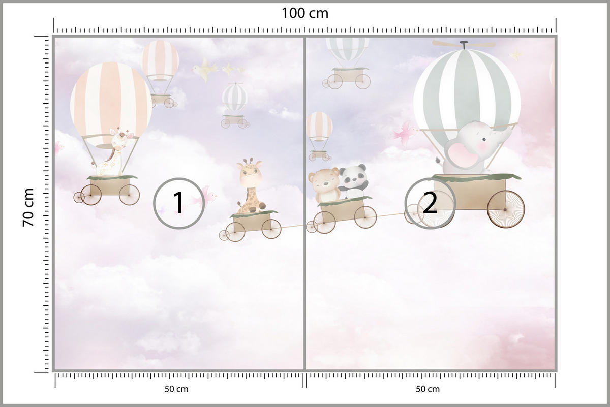 FOTOTAPETE für Kinderzimmer Tiere Wolken Luftballons 100x70 - Beige/Violett, Papier (100/70cm) - Muralo