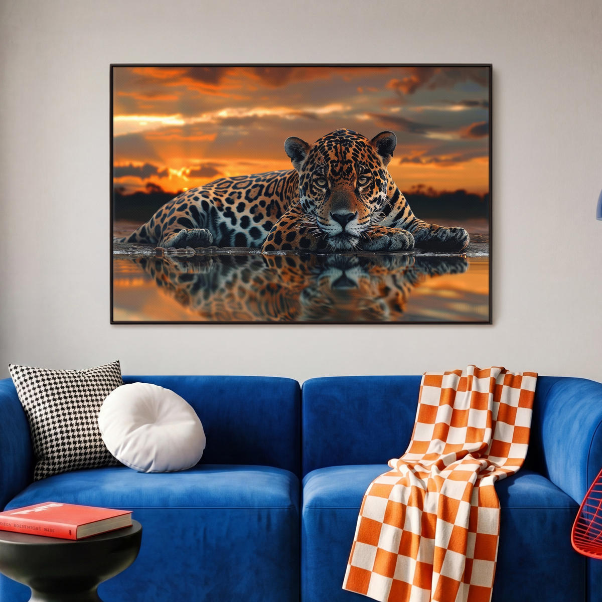 LEINWAND Bilder mit Rahmen - Natur - Leopard - Tier - Sonnenuntergang - Modern - 90x60 - Orange, Textil (90/60cm) - MuchoWow