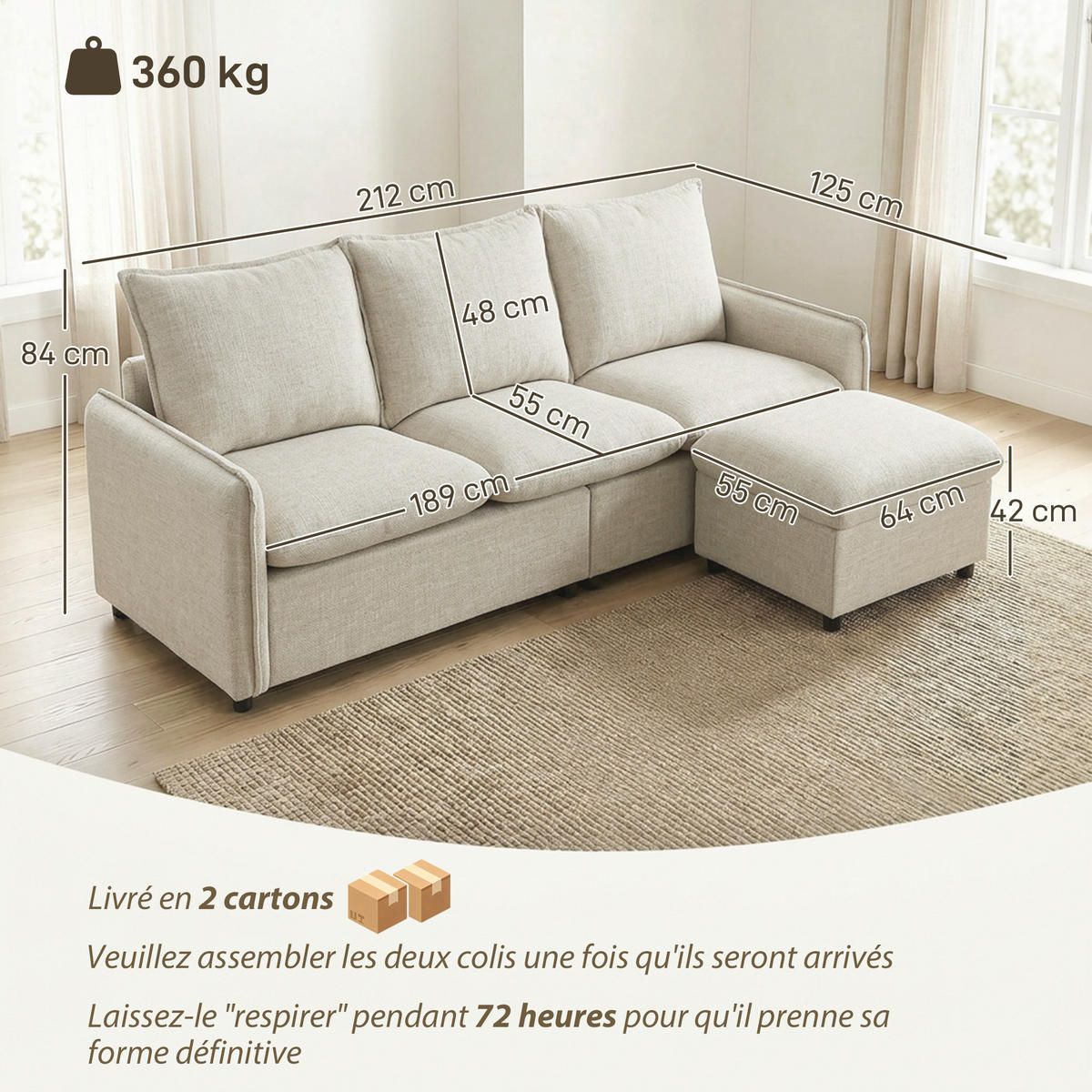 SOFA, 3-Sitzer, Stauraumhocker, Ecksofa, Federkernkissen, Leinen, creme - Multicolor, Holzwerkstoff (212/84/125cm) - FORIOUS