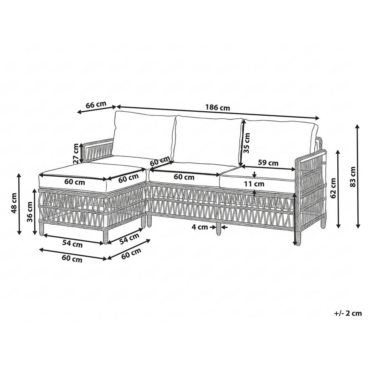 GARTENSOFA mit Ottomane 3-Sitzer Polyrattan Grau Ofena - Grau, Kunststoff (186/83/66cm) - Beliani