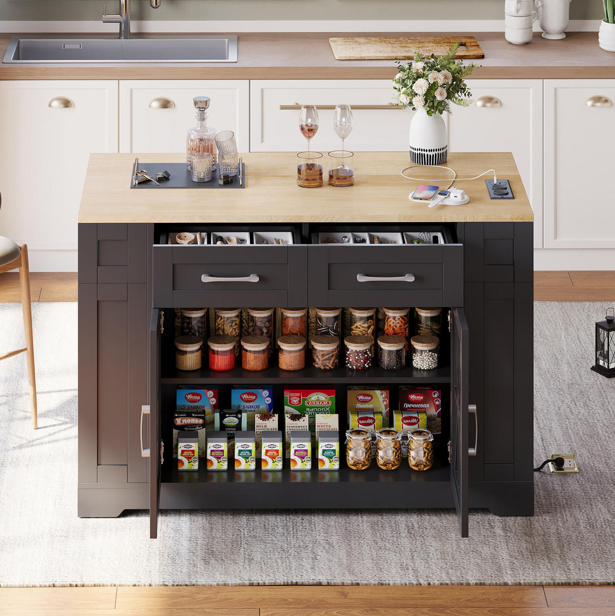 KÜCHENINSEL mit Klapptisch 120 x 40/65 x 92 cm MDF Black/Natural - Schwarz, Holz (65/92/120cm) - Beauniv