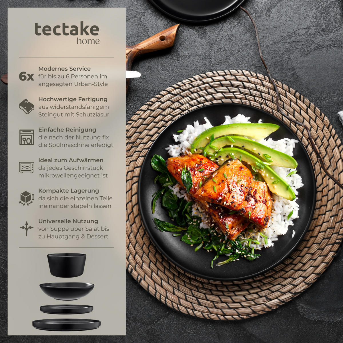 GESCHIRRSET Una,ineinander stapelbar,schwarz - Schwarz, Keramik (26/2.3/26cm) - tectake