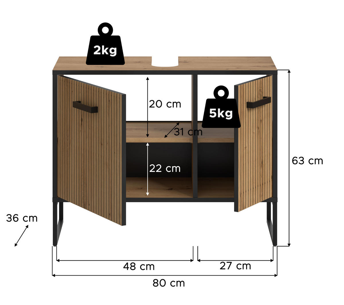 WASCHBECKENUNTERSCHRANK Eiche Artisan, schwarz 80 cm, Badezimmer Unterschrank mit Soft-Close - Schwarz/Eiche Artisan, Holzwerkstoff/Kunststoff (80/63/36cm) - Inn.Furn