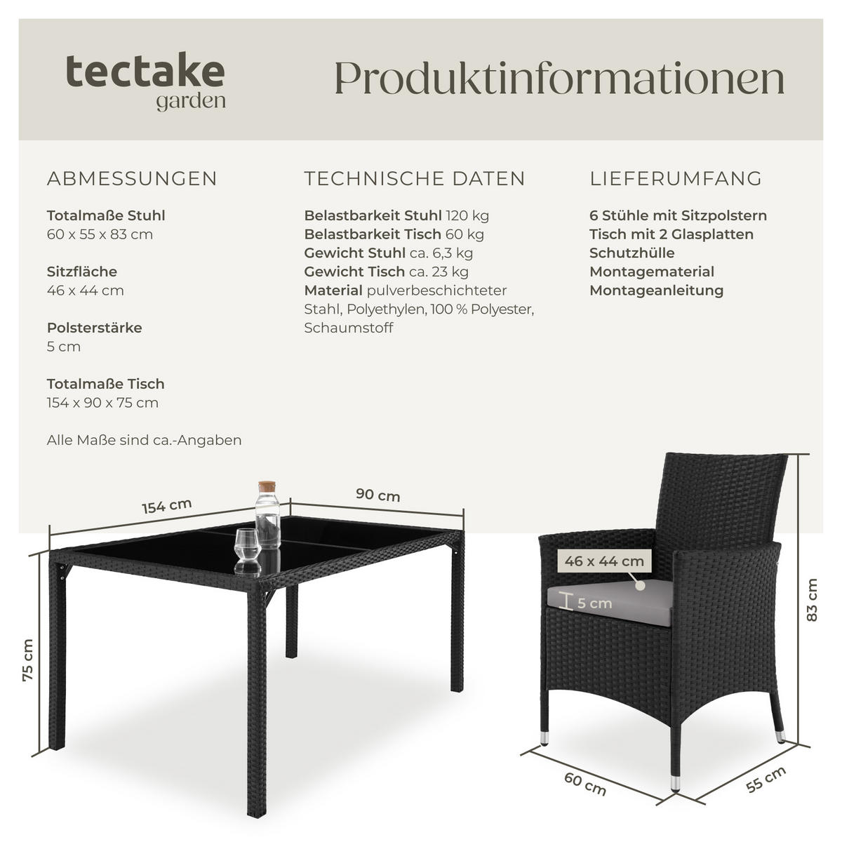 RATTAN SITZGRUPPE Porto,inklusive Schutzhülle,schwarz/grau - Schwarz/Grau, Kunststoff - tectake