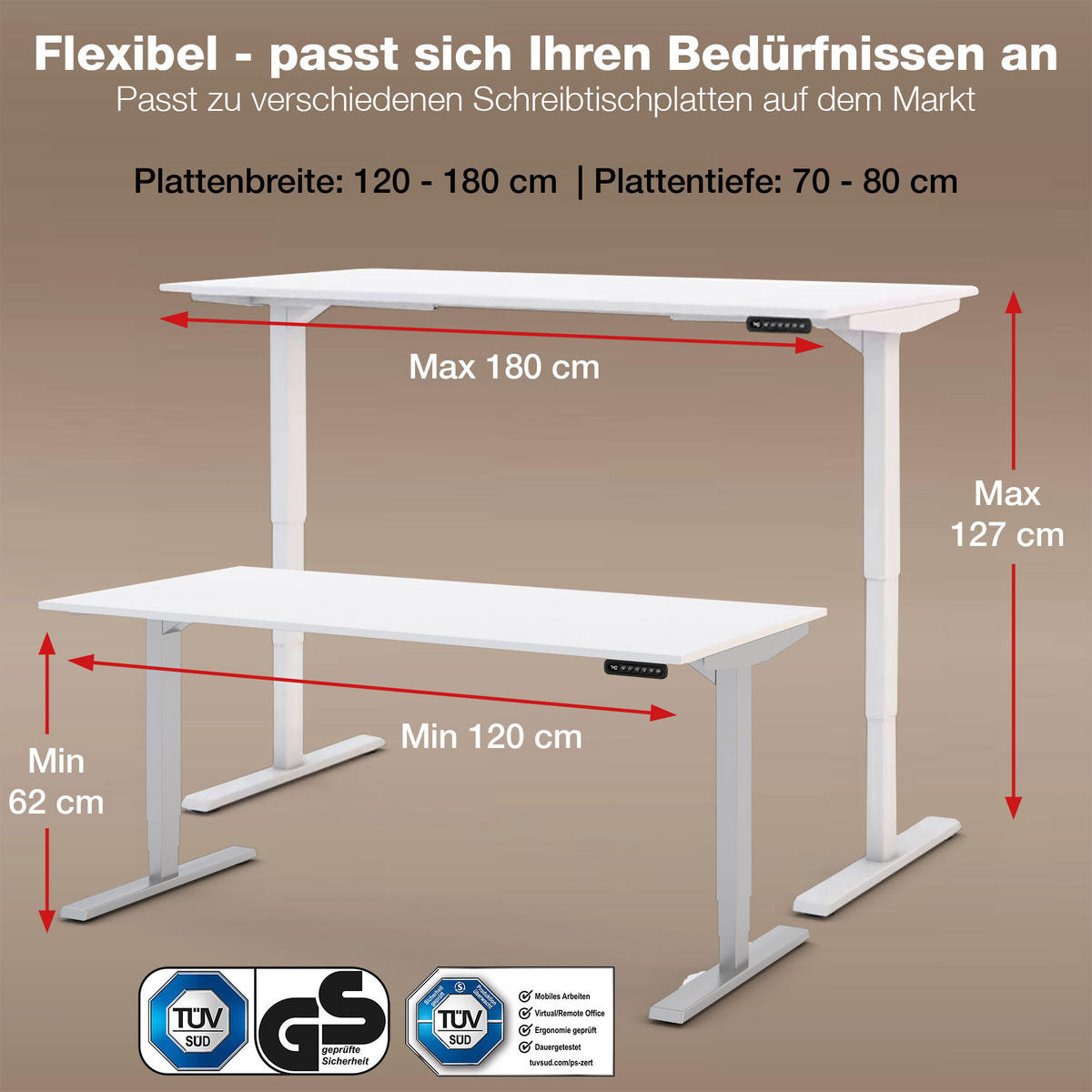 SCHREIBTISCHGESTELL Elektrisch höhenverstellbares Schreibtischgestell /62-127cm Weißaluminium - Silberfarben, Metall (117/25/23cm) - ASSMANN