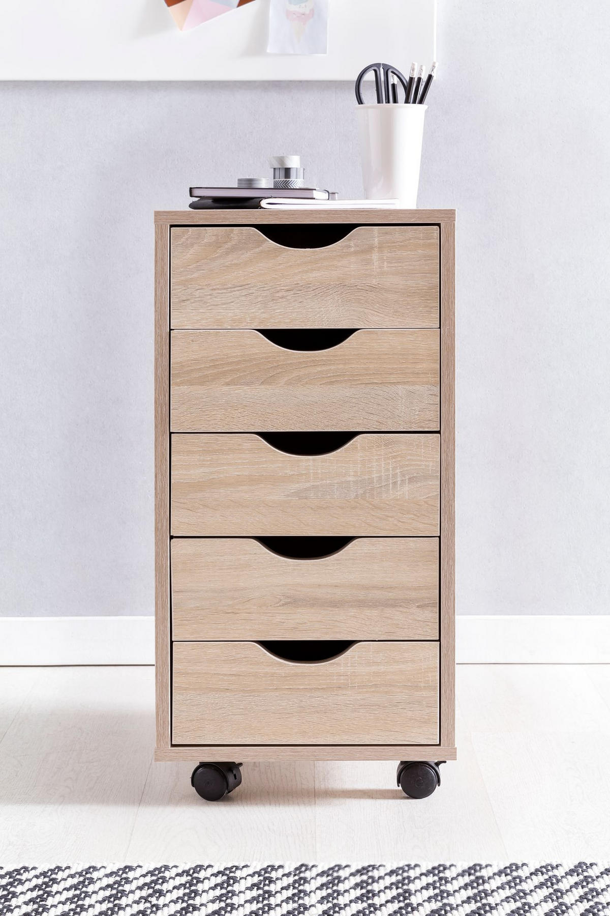 ROLLCONTAINER – MDF-Holz, Sonoma, 5 Schubladen, Rollen, für Büro oder Wohnzimmer - Beige/Schwarz, Holz/Kunststoff (38/64/33cm) - KADIMA DESIGN