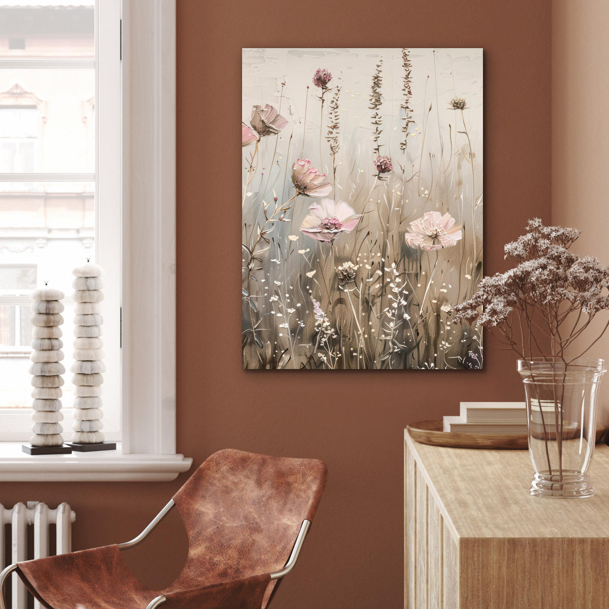 KOVOVÝ OBRAZ Kvety - Ružová - Moderné - Béžová 60x80 cm - béžová, kov (60/80cm) - MuchoWow