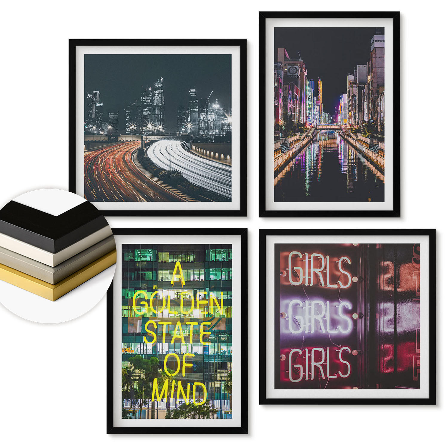 WANDBILDER 4er-Set - 50x50 cm & 40x60 cm Schwarzer Rahmen - Neonreklamen in der Stadt bei Nacht - Schwarz, Kunststoff (50/50cm) - ArtPrintCave