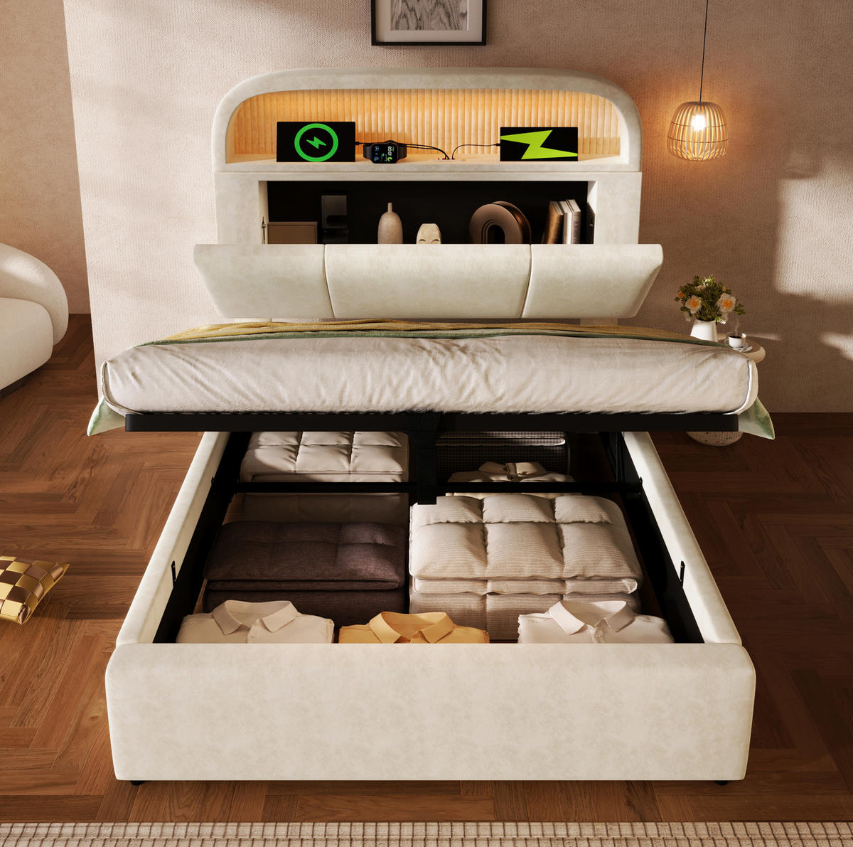 BETT mit Stauraum 90x200 cm Samt Beige inkl. Matratze - Beige, Metall (90/200cm) - Meubliv