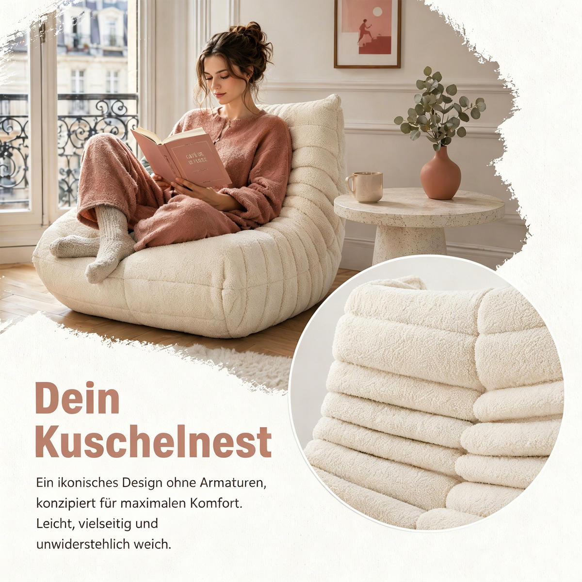 SITZSACK, 105x86x75 cm, Sitzsack in Birnenform, Sherpa-Stoff, Belastbarkeit bis 150 kg, Beige - Beige, Textil (86/75/105cm) - GENKI LIVING