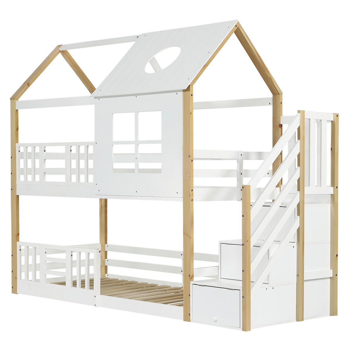 ETAGENBETT aus Kiefernholz und MDF 90x200 cm Weiß/Natur mit Aufbewahrungstreppe und Hausdesign - Weiß, Holzwerkstoff (90/200cm) - IVMEU