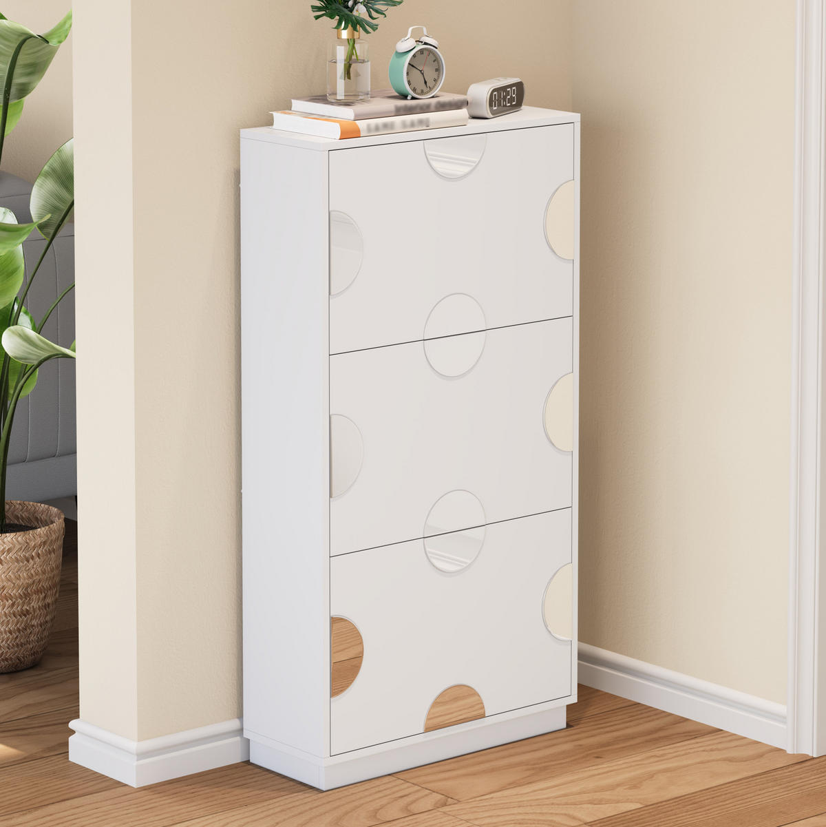 SCHUHSCHRANK aus MDF 63x24x120cm in Weiß mit rundem Spiegel - Weiß, Holzwerkstoff (63/120/24cm) - Modfu