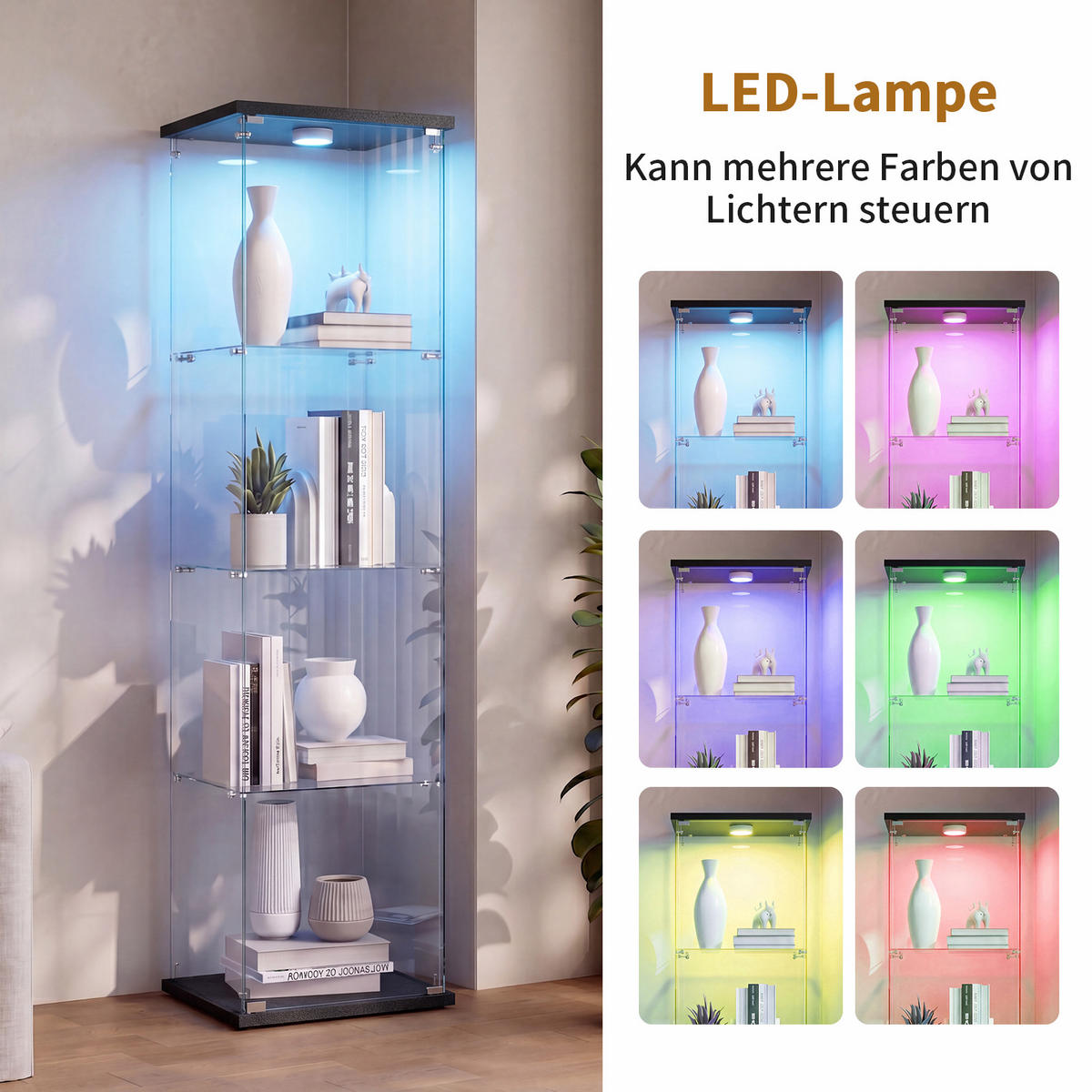 VITRINENSCHRANK Glasvitrine led Schwarz mit 1 Tür und 4 Etagen, mit Schloss und Spiegeleffekt,164cm - Schwarz, Glas (36.5/164/42.5cm) - BPKADHY
