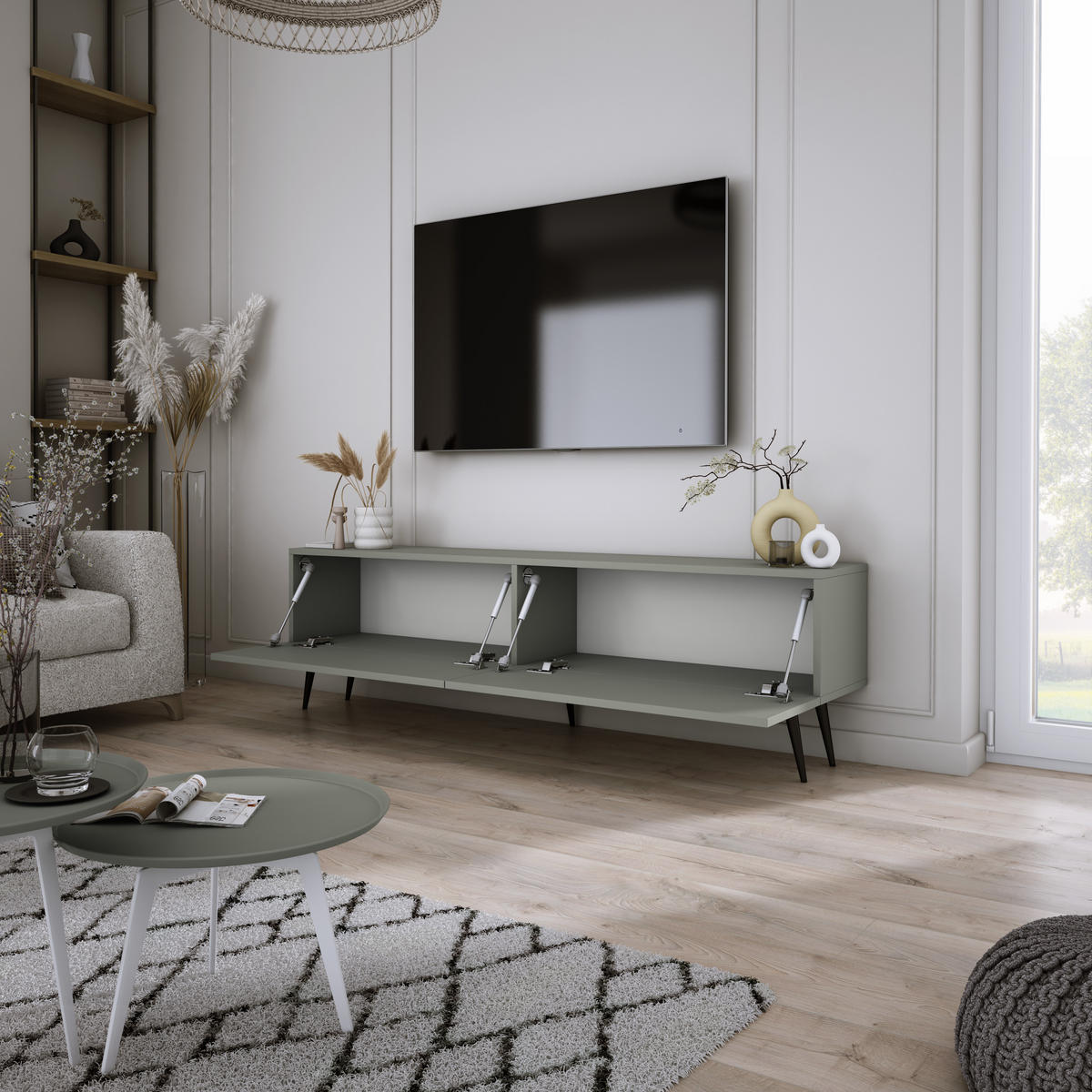 TV-SCHRANK : Aloe, 140 x 52 x 32 cm, schwarze Beine - Schwarz/Grün, Holzwerkstoff/Metall (140/52/32cm) - 3XE LIVING