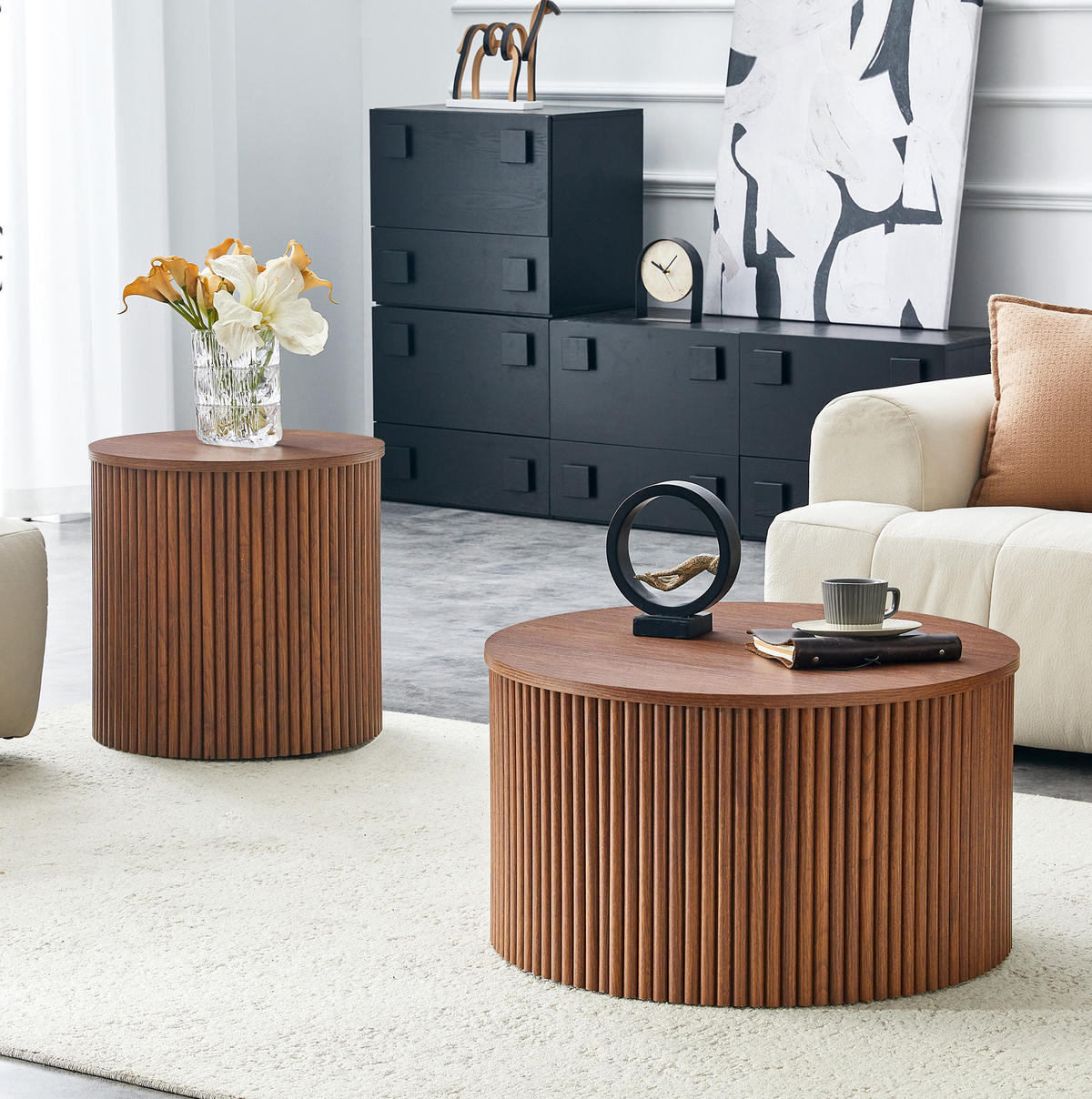 COUCHTISCH-SET 65/65/40 cm 2-teilig mit Stauraum und geriffeltem Säulendesign, Walnuss - Walnussfarben, Holzwerkstoff (65/65/40cm) - Redom