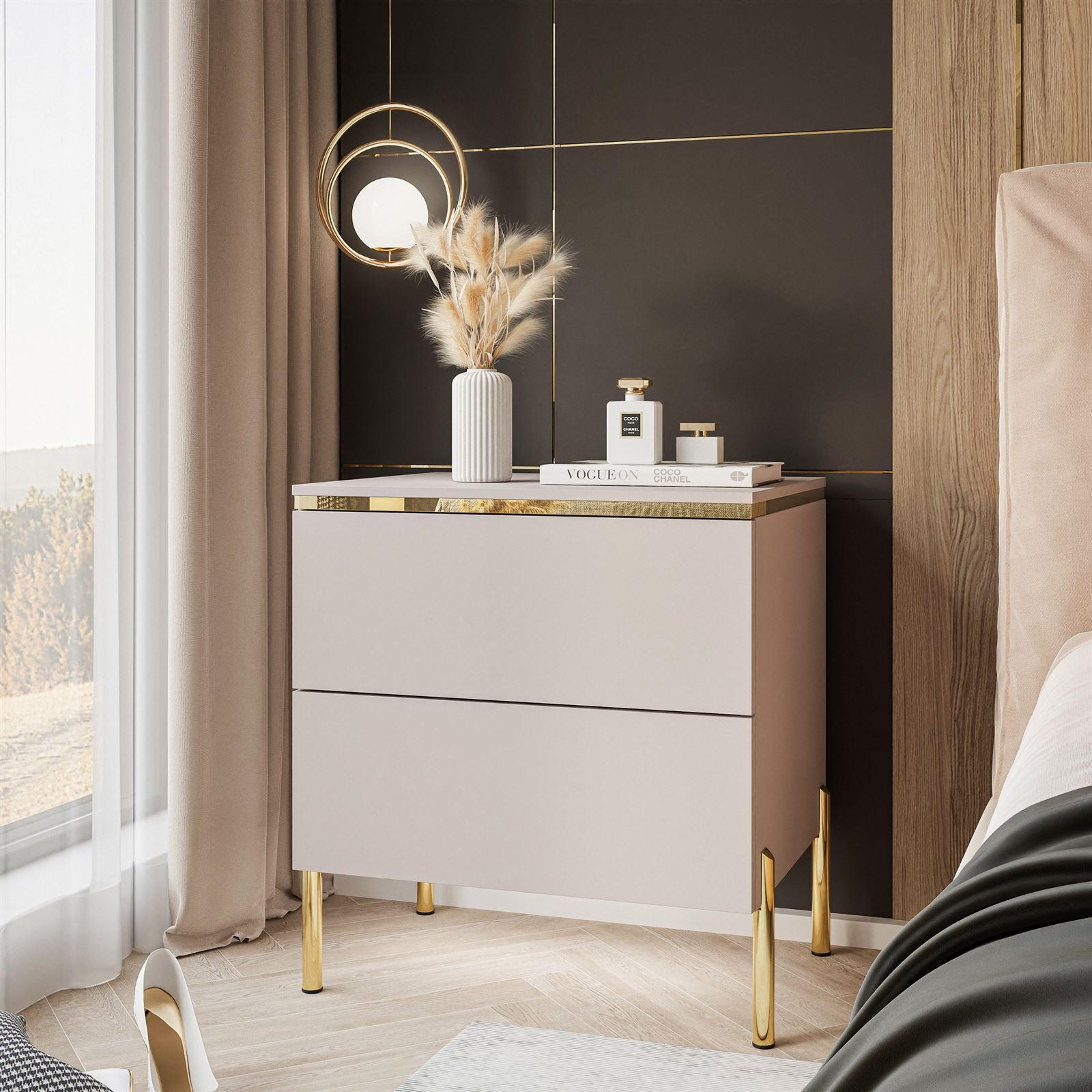 NACHTTISCH AURORA II auf gerade Gold Chrom Beine Kaschmir - Kaschmir/Goldfarben, Holzwerkstoff/Metall (50/54/37cm) - Lookway