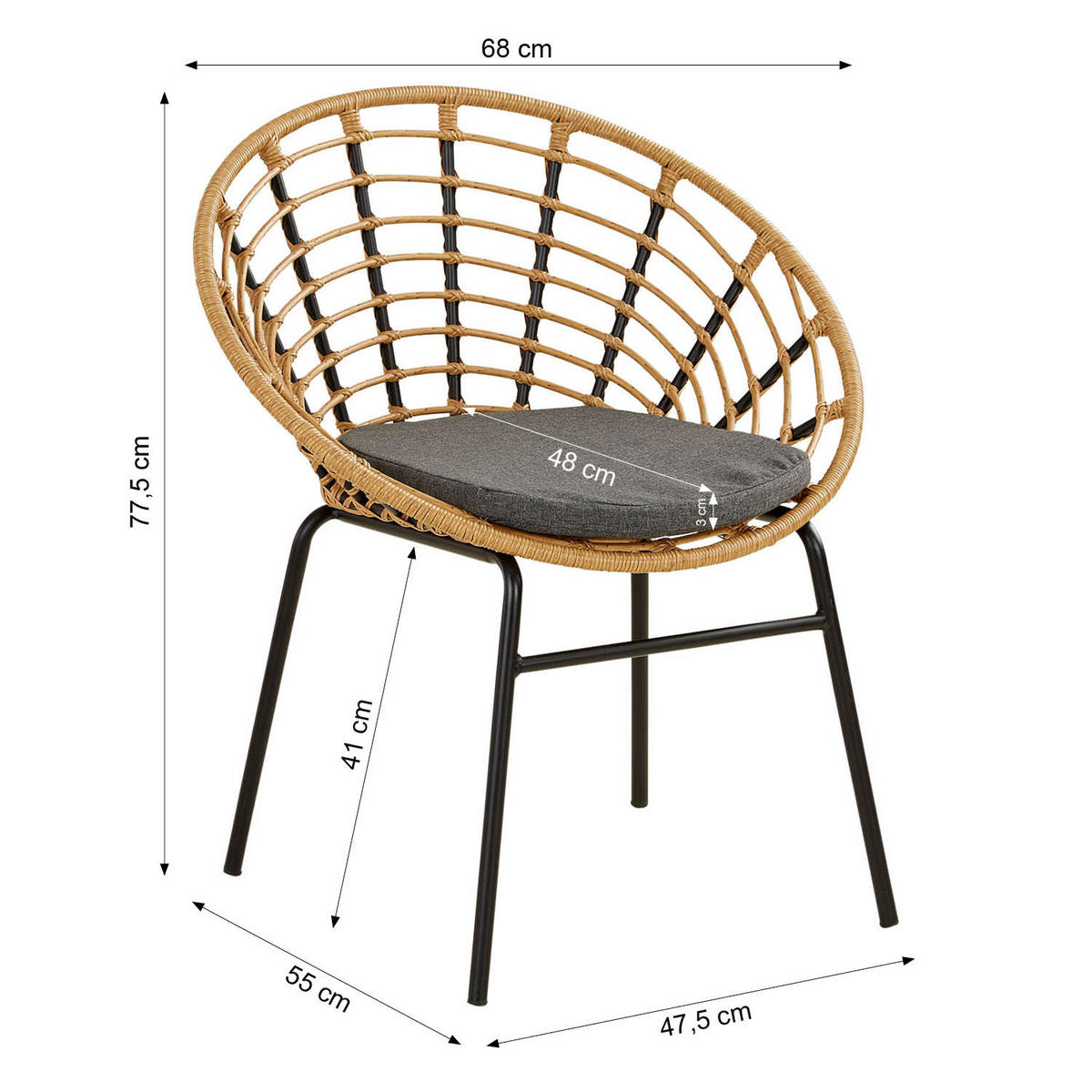 GARTENMÖBEL-SET 3-tlg. Kunststoff Natur - Braun, Kunststoff/Metall - Homestyle4u