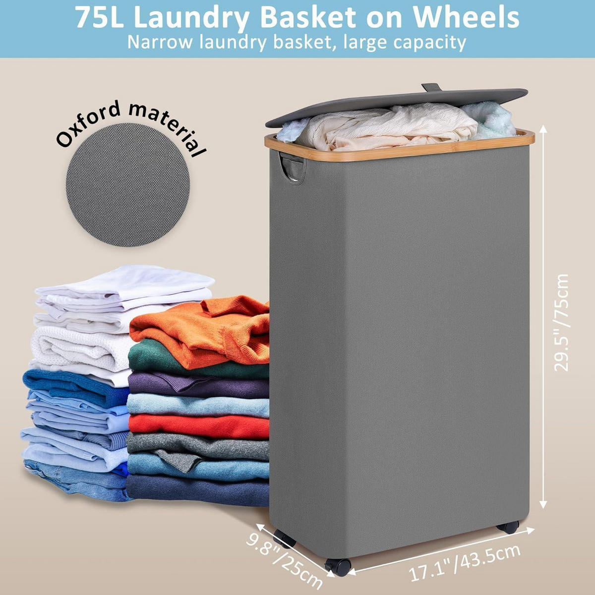 WÄSCHEKORB mit Rollen und Deckel Grau 75L - Grau, Textil (25.5/70/44cm)