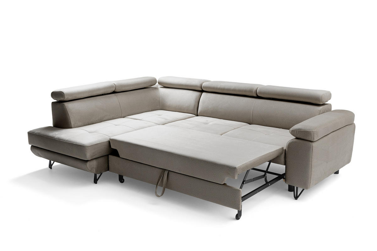 ECKSOFA JUNIOR L Links mit Schlaffunktion 194x128 Velours Beige - Beige/Schwarz, Holz/Textil (249/184cm) - Muffo