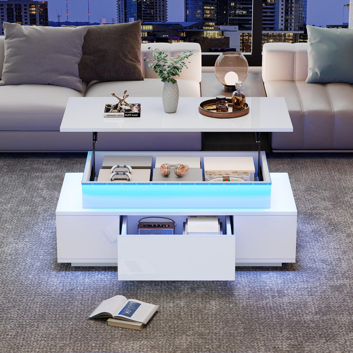 COUCHTISCH 96/45/40 cm Weiß Höhenverstellbar mit Stauraum und LED-Beleuchtung - Weiß, Holzwerkstoff (96/45/40cm) - OKWISH