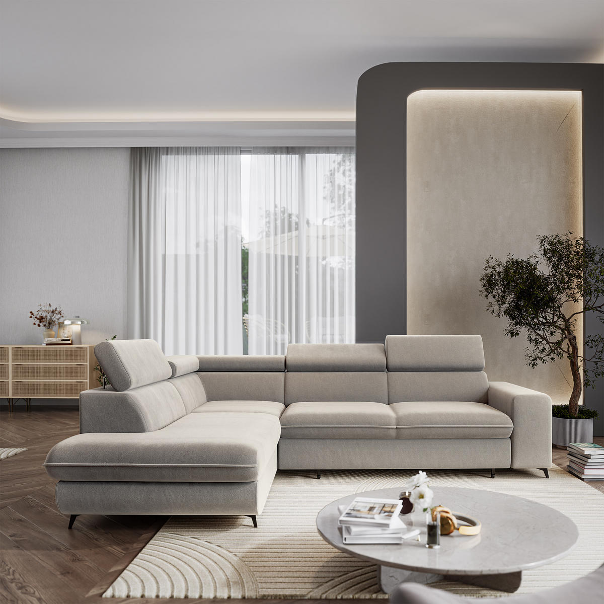 ECKSOFA VELISS Hellgrau Veloursstoff mit Schlaffunktion - Hellgrau, Holz (255/193cm) - MASSENO