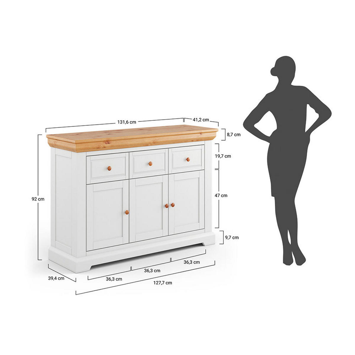 KOMMODE Marone Elite Weiß / Kiefer Natur 131,5 / 41 / 92cm - Weiß/Kieferfarben, Holz (131.5/92/41cm) - Feldmann-Wohnen