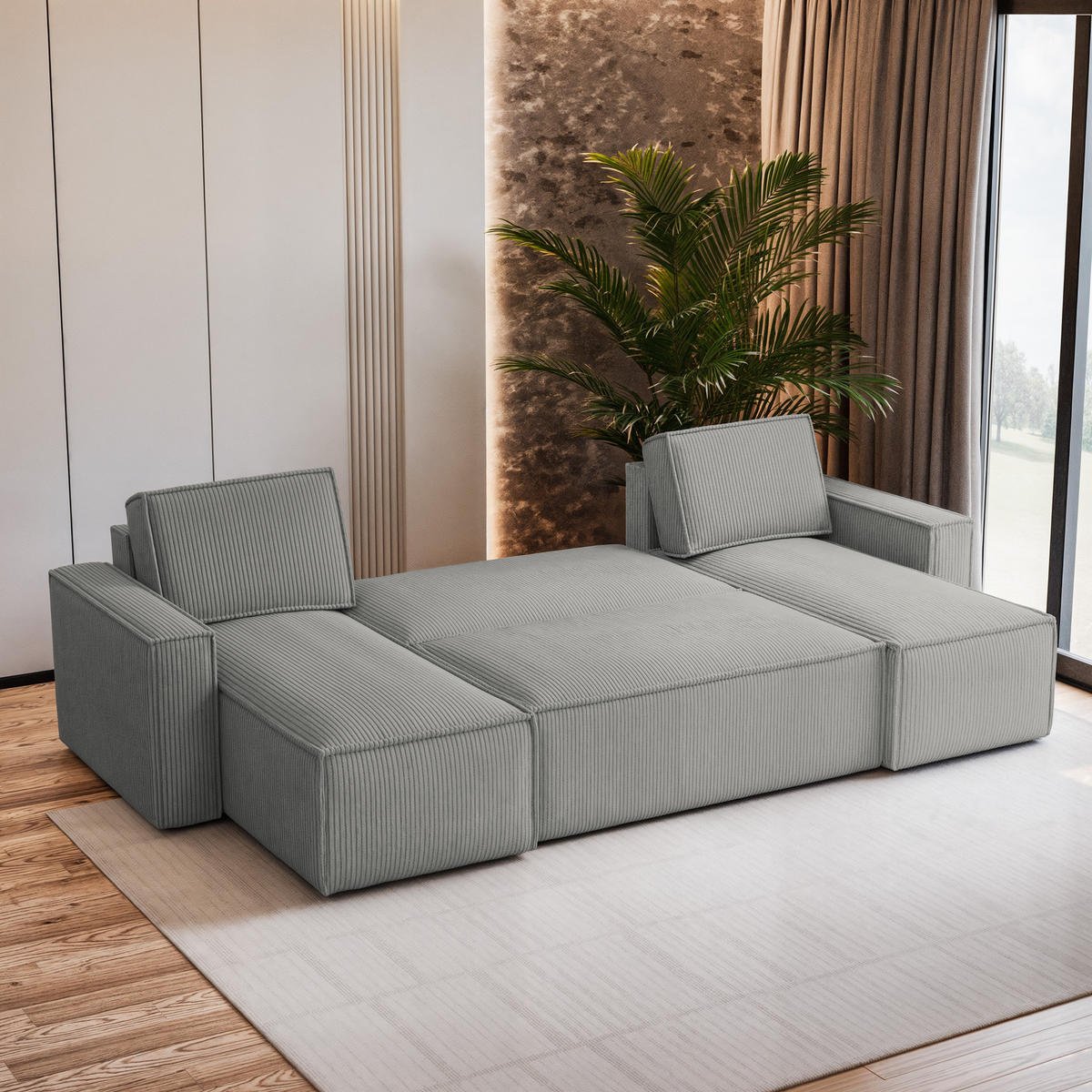 WOHNLANDSCHAFT PESANO P Hellgrau Kordstoff mit Schlaffunktion - Hellgrau, Holz (306/85/140cm) - MASSENO