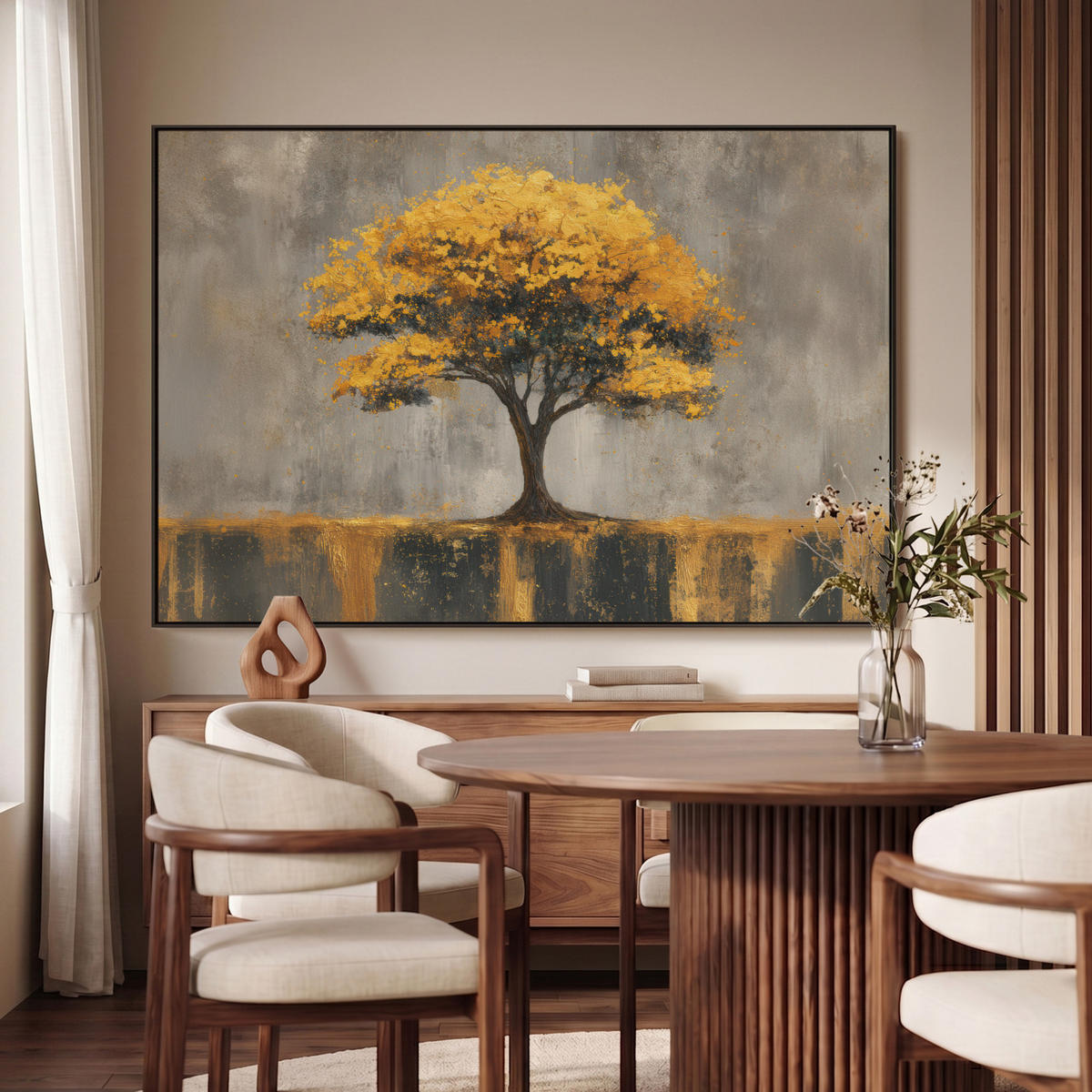 LEINWAND Bilder mit Rahmen - Baum - Blätter - Gold - Abstrakt - 120x80 - Grau, Textil (120/80cm) - MuchoWow