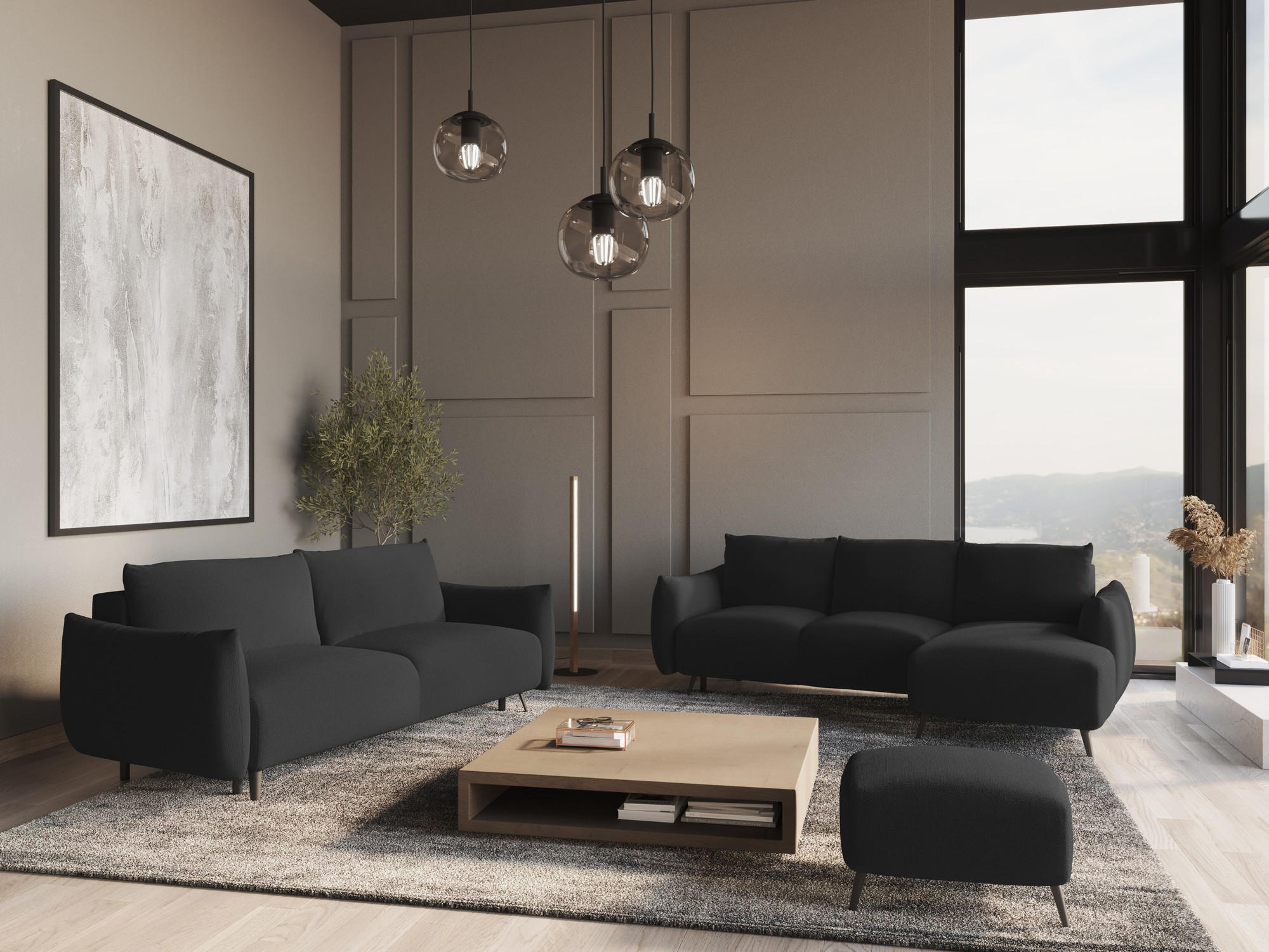 ECKSOFA mit Schlaffunktion Chenille Stoff Schwarz - Anthrazit/Schwarz, Textil/Metall (242/162cm) - Makamii