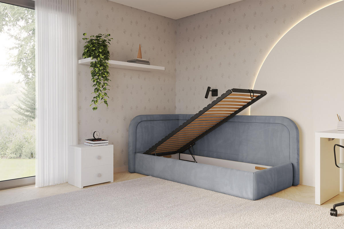 EINZELLBETT Jugendbett mit Bettkasten, Rechts - JOVY 100x200 Grau - Blaugrau, Holzwerkstoff/Textil (100/200cm) - ALTDECOR