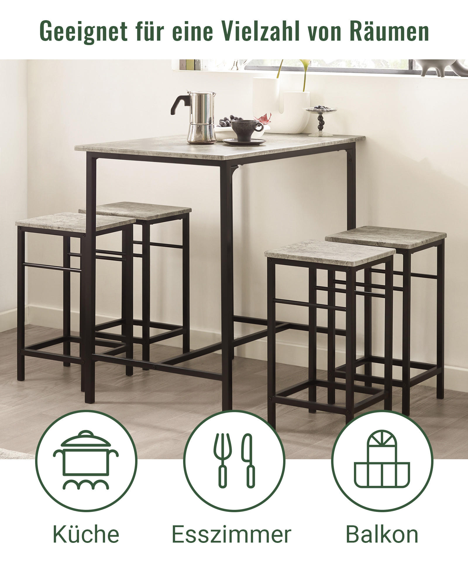 BARTISCH + 4 x BARHOCKER - Grau, Holzwerkstoff (100/87/60cm) - SoBuy