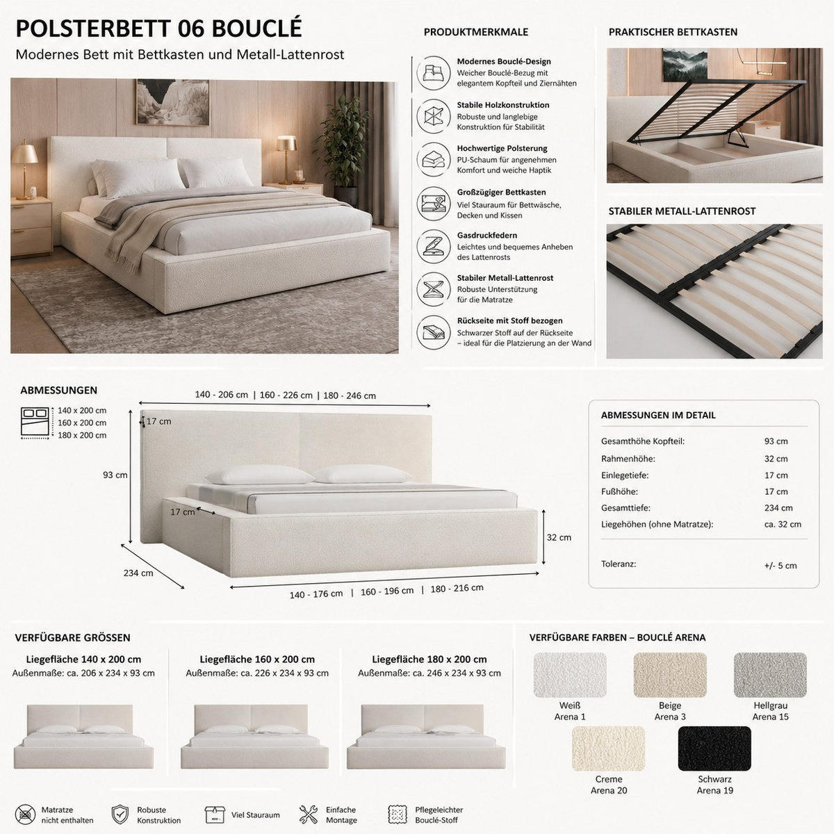 POLSTERBETT 06 Bouclé 160 x 200 cm – Arena - mit Bettkasten und Metall-Lattenrost - Beige, Metall (160/200cm) - ROYAL24_MARKT