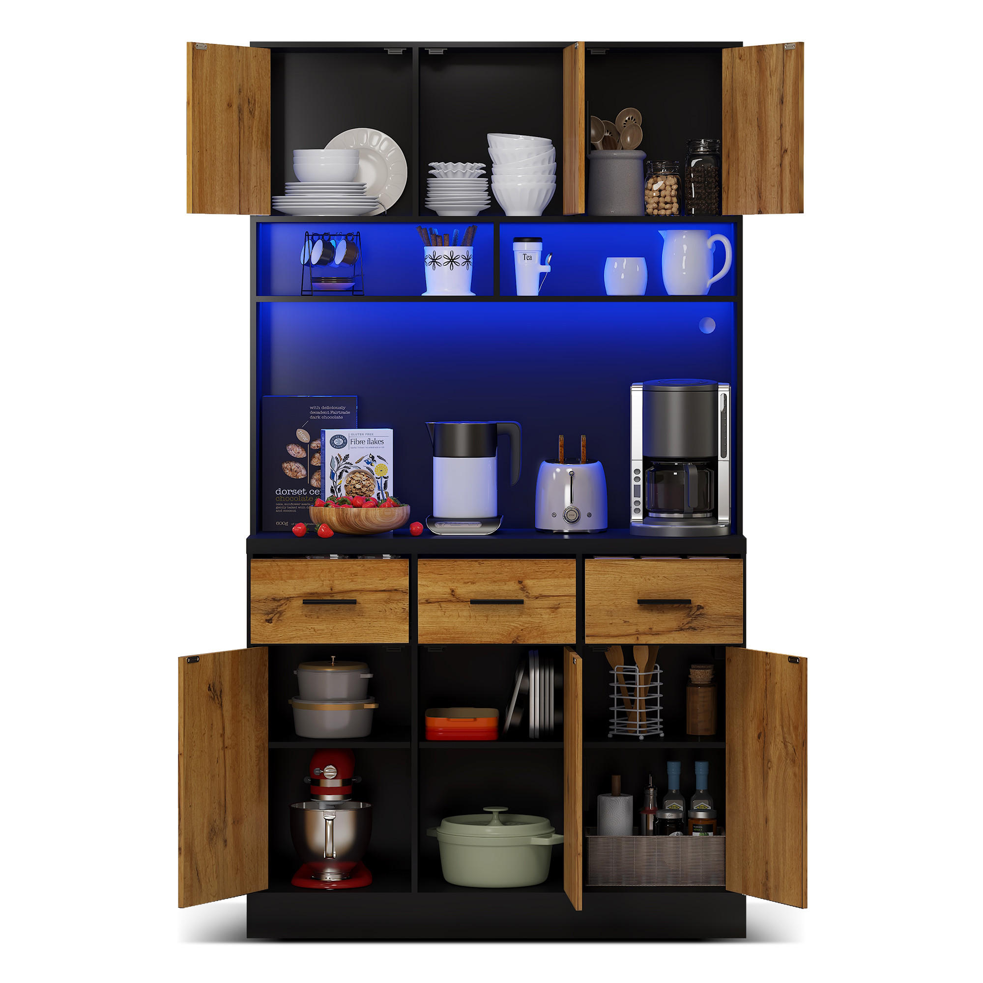 BUFFETSCHRANK 100/40/180 cm schwarz/natur aus MDF mit LED - Schwarz, Holzwerkstoff (100/180/40cm) - OKWISH