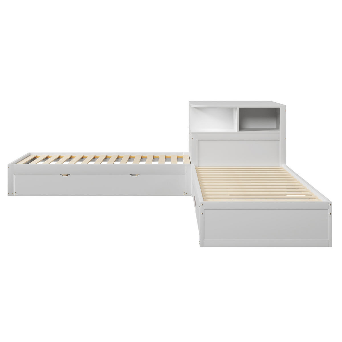RAHMENBETT 90x200cm, Ausziehbett, Schiebetür-Stauraum, Nachtlicht, Weiß - Weiß, Holz (90/200cm)