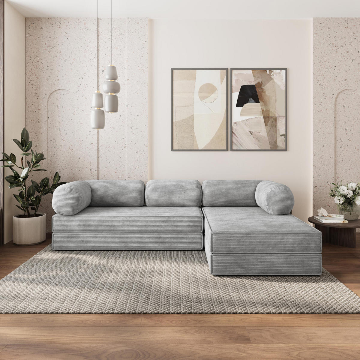 ROHOVÁ SEDAČKA ETERA modulární Boneless pohovka s funkcí spaní, světle šedá POSO 55 - světle šedá, textil (270/160cm) - MASSENO