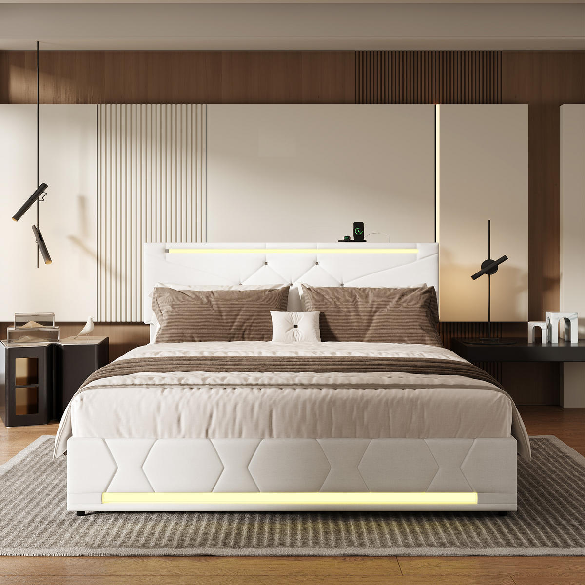 POLSTERBETT 140/190 cm Weiß mit hydraulischem Stauraum, LED-Beleuchtung, höhenverstellbarem Kopfteil und USB-Anschluss - Weiß, Metall (140/190cm) - EuroLiving