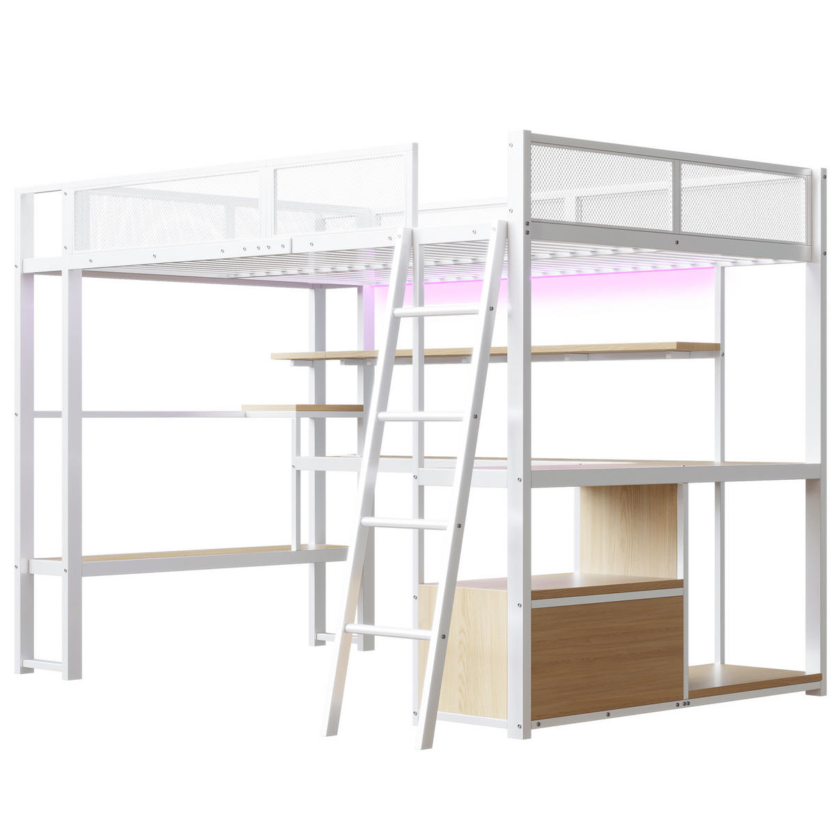 VYSOKÁ posteľ 140/200 cm biela z MDF a kovu s písacím stolom LED osvetlením a úložným priestorom - biela, kompozitné drevo (140/200cm) - OKWISH