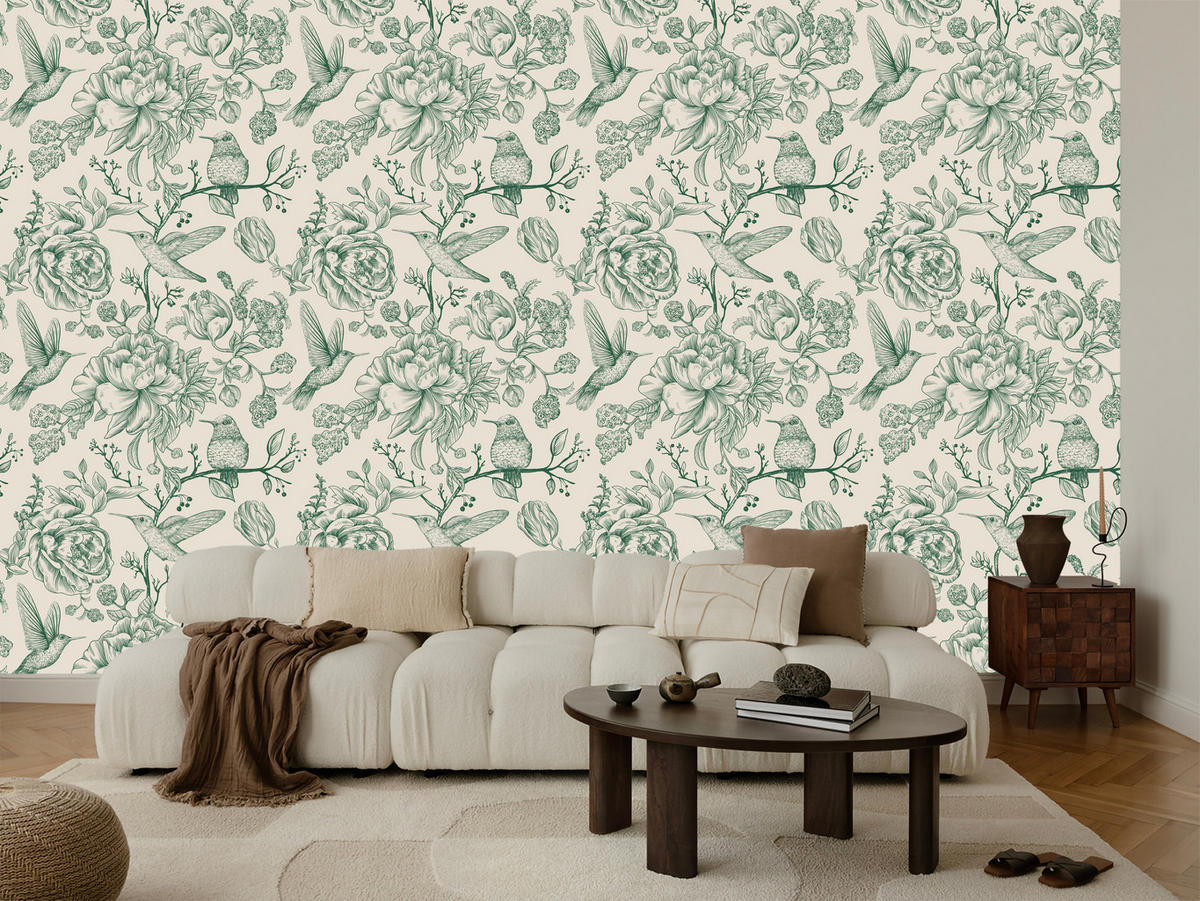 VLIESTAPETE Retro-Kolibris und Pfingstrosen – Grün, Creme – 50x1000 cm - Creme/Grün, Papier (50/1000cm) - Muralo