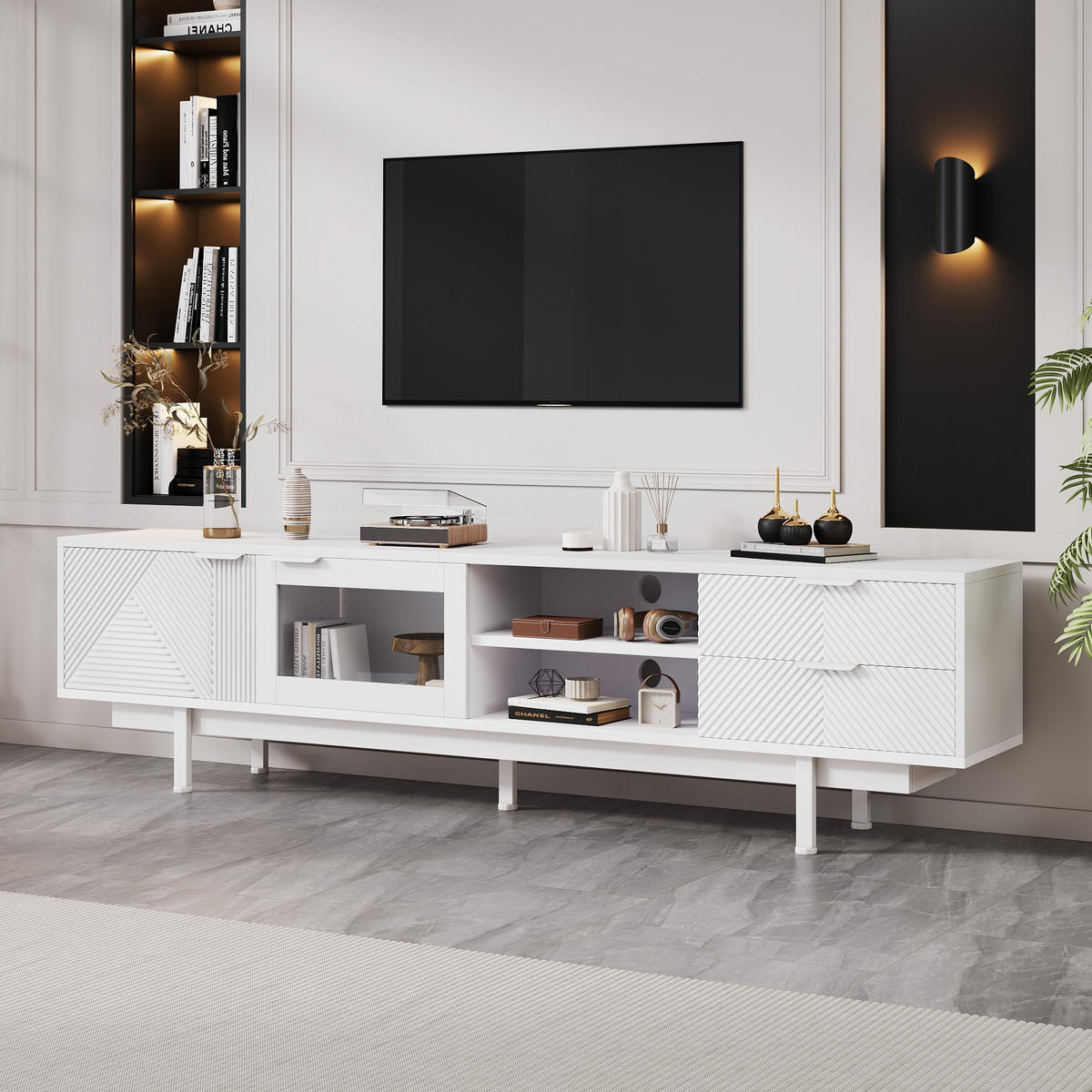 TV-SCHRANK 200/40/50,5 cm Weiß mit 2 Türen und 2 Schubladen für 80 Zoll - Weiß, Holzwerkstoff (200/50.5/40cm) - Oxeza